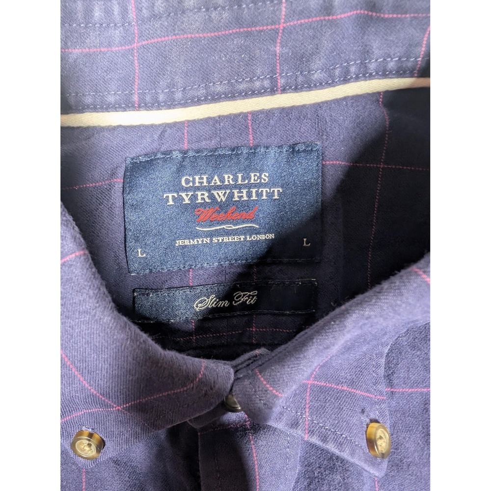 Charles Tyrwhitt Weekend Shirt Mens Large Purple Plaid Flannel Button Down Slim - Picture 5 of 7